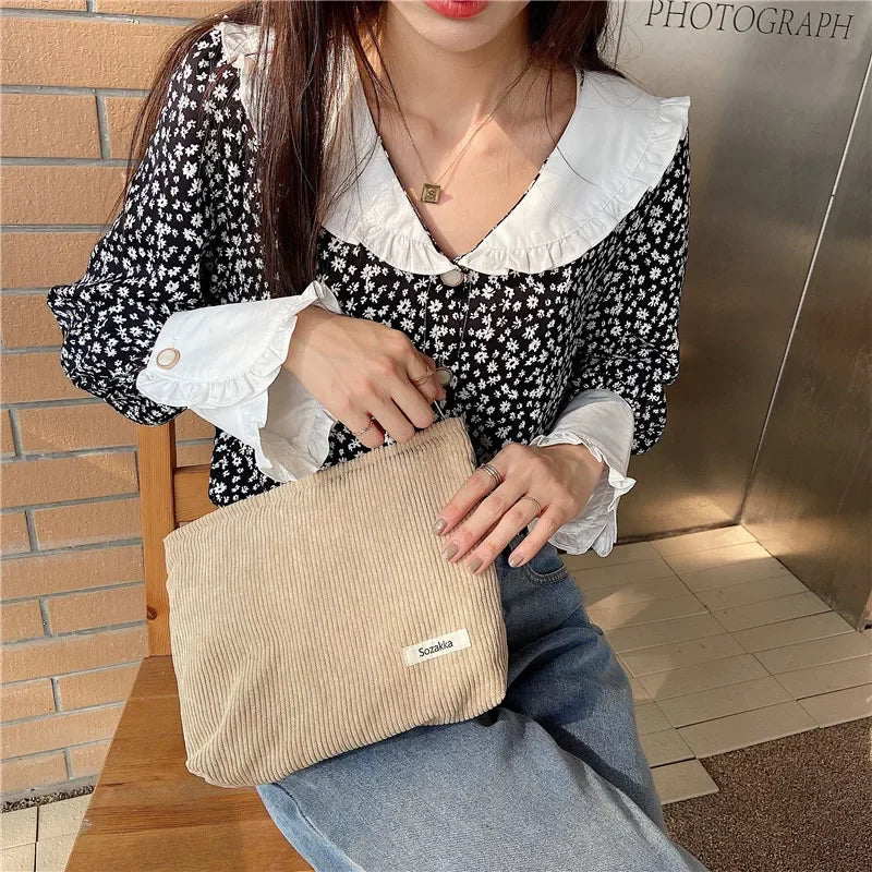 ๐ผ Corduroy Cosmetic Travel Bag โ Soft Zipper Makeup Pouch for Women (Large Capacity)
