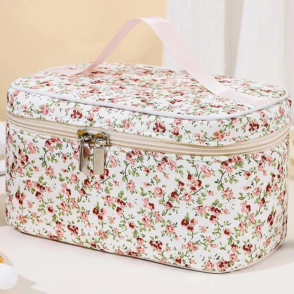 ๐บ Floral Cotton Cosmetic Bag โ Dual Zipper Travel Makeup Organizer Pouch