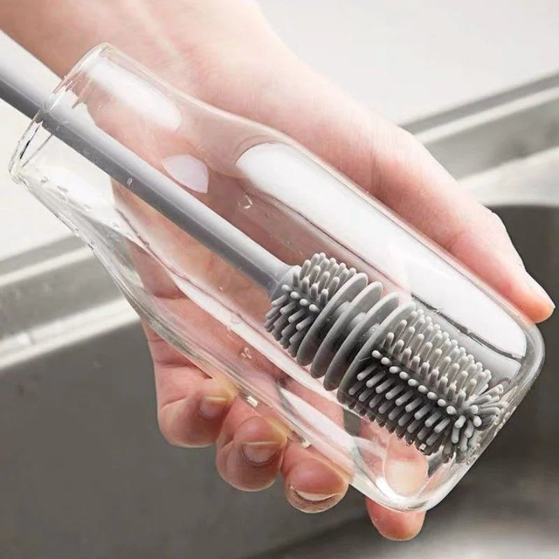 Silicone bottle brush with long handle for cleaning cups, glasses, and bottles, non-scratch bristles, durable kitchen cleaning tool.