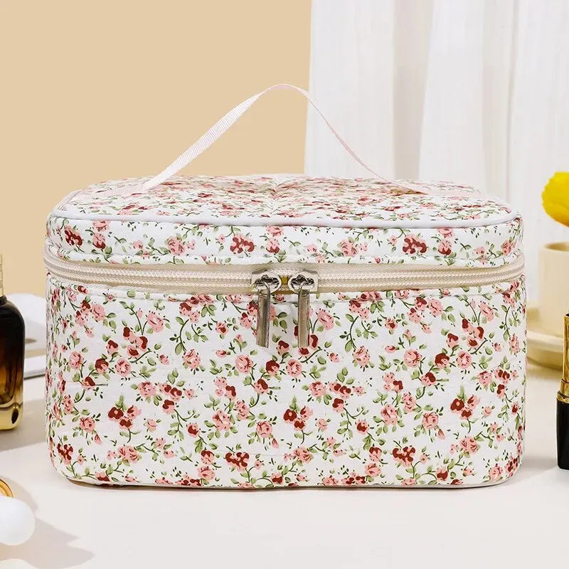 ๐บ Floral Cotton Cosmetic Bag โ Dual Zipper Travel Makeup Organizer Pouch