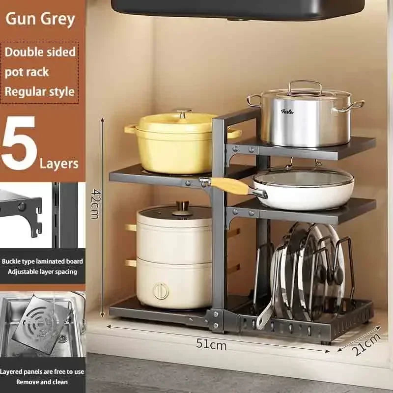 Adjustable Under Sink Pot Rack Multi-Layer Storage Shelf Rustproof Kitchen Organizer