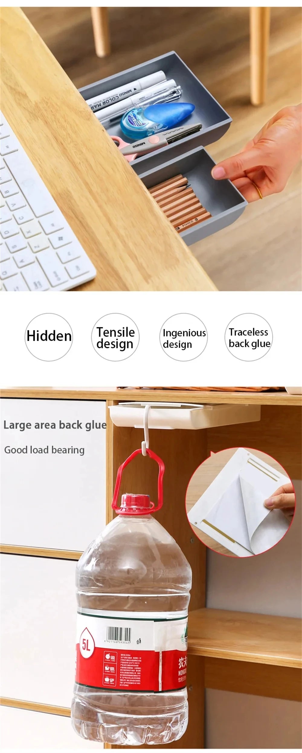 ✏️ Hidden Under-Desk Drawer ✨ Self-Adhesive Storage Box for Stationery & More