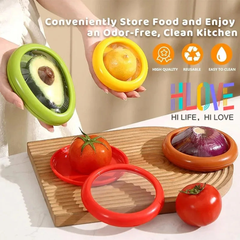 Fruit and Vegetable Preserves Clear Lid Containers - Red Green Orange Yellow Sealed Keepers for Avocado Tomato Onion Lemon