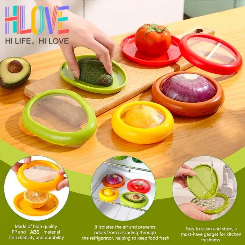 Fruit and Vegetable Preserves Clear Lid Containers - Red Green Orange Yellow Sealed Keepers for Avocado Tomato Onion Lemon