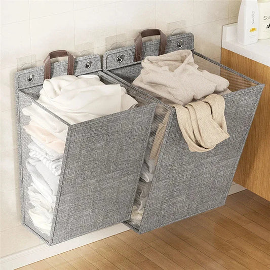 1 Pcs Foldable Adhesive Laundry Basket Hamper Multifunctional Punch Free Wall Hanging Washing Clothes Mesh Hook Organizer