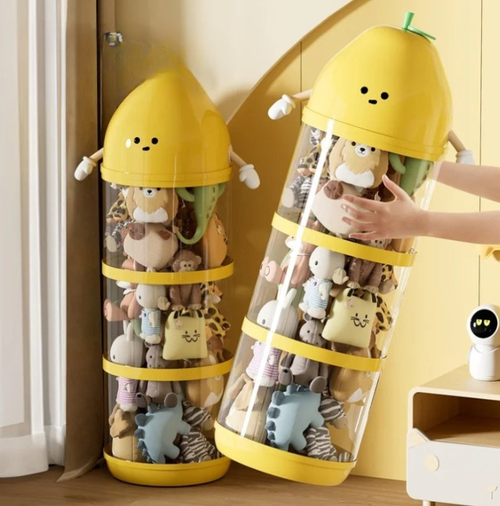 Large transparent toy storage bucket with cute design for kids' rooms, ideal for plush toys and household storage.
