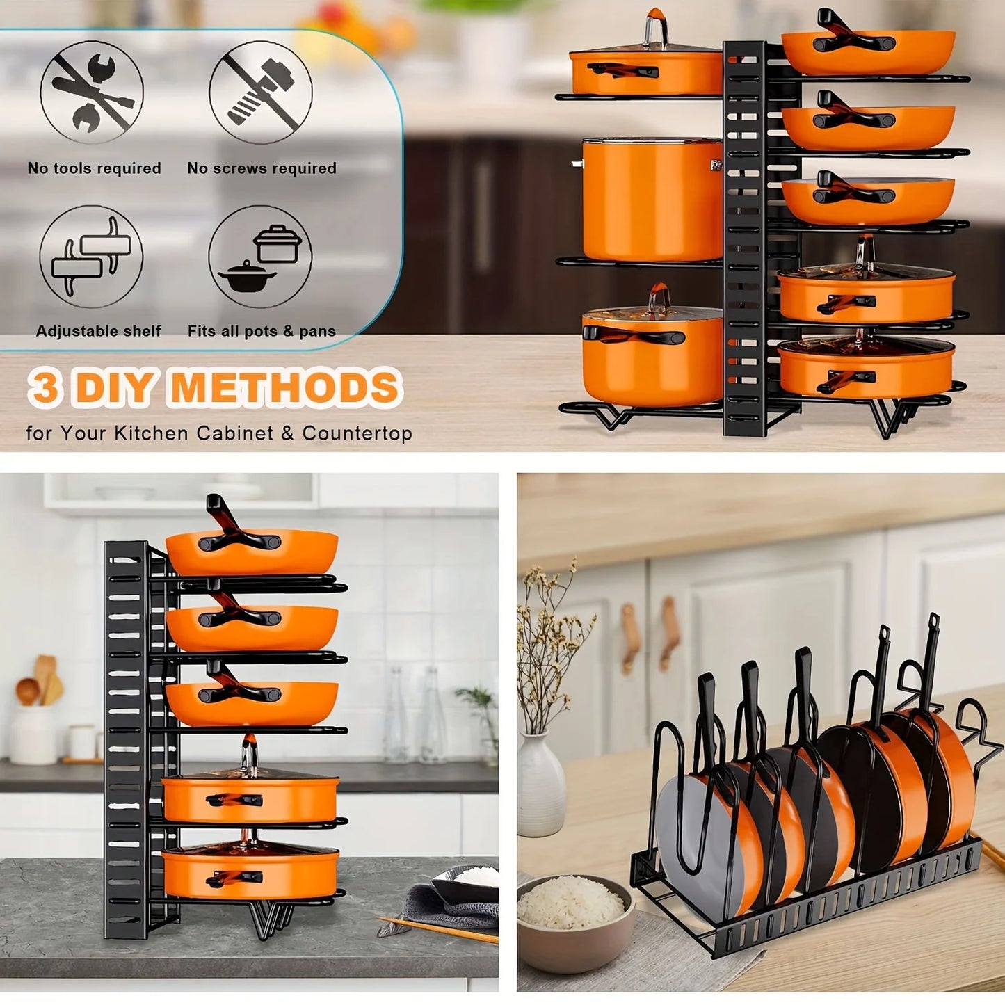 🍲 8-Tier Pot Rack Organizer – Durable Metal Kitchen Storage Stand 🍲