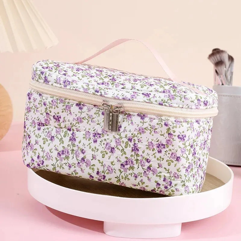 🌺 Floral Cotton Cosmetic Bag – Dual Zipper Travel Makeup Organizer Pouch