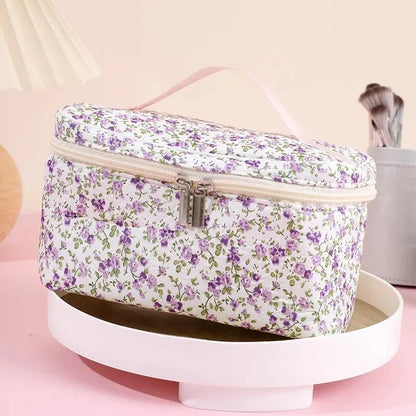 🌺 Floral Cotton Cosmetic Bag – Dual Zipper Travel Makeup Organizer Pouch