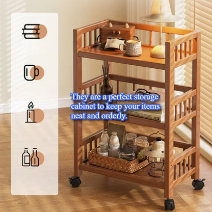 🪵 Wooden 3-Tier Storage Rack – Rolling Organizer for Kitchen & Living Room 🛋️🚚