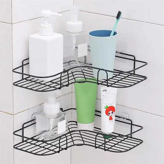 Iron triangle corner rack for kitchen or bathroom storage, thickened iron design, wall-mounted space-saving organizer.  
