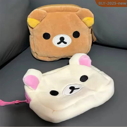 Rilakkuma plush makeup organizer bag with zipper – cute cartoon cosmetic storage