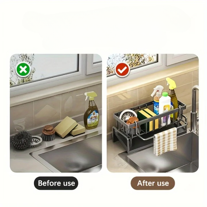 Sink caddy organizer with self-draining design for sponges, brushes, and kitchen tools

