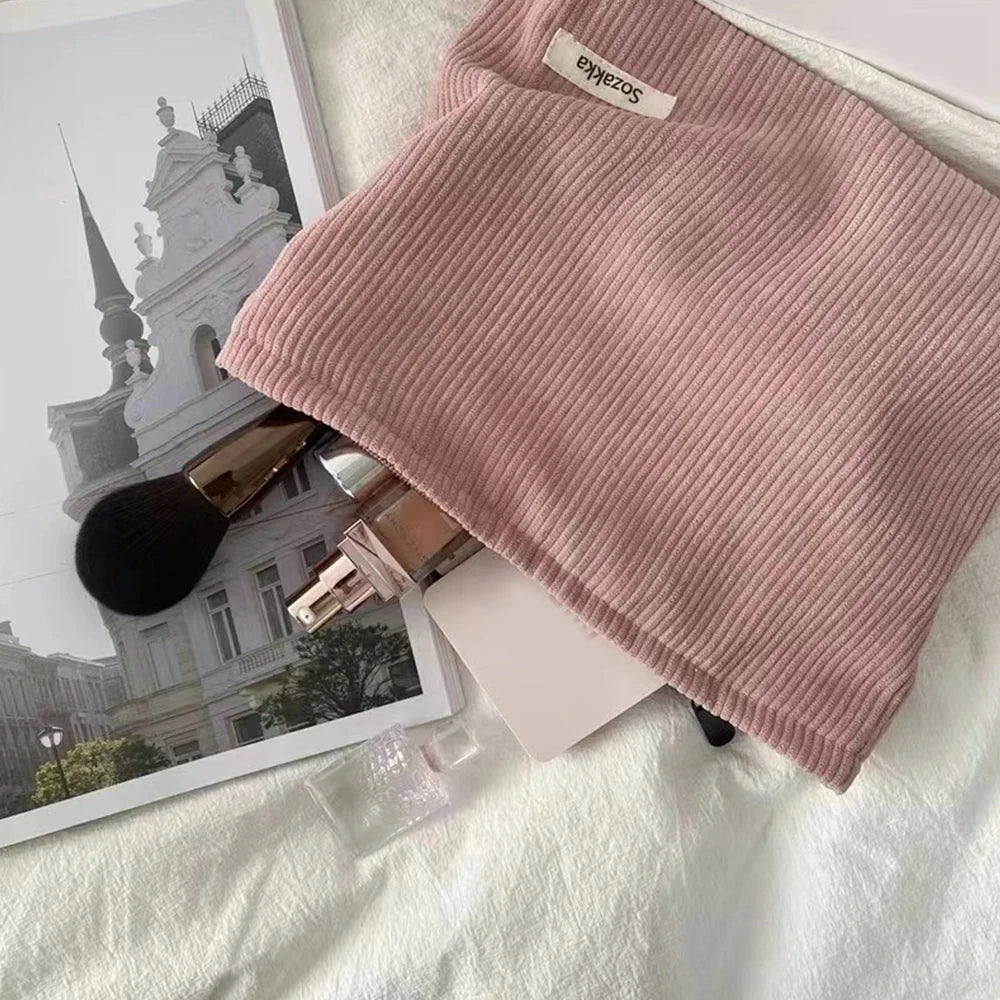 💼 Corduroy Cosmetic Travel Bag – Soft Zipper Makeup Pouch for Women (Large Capacity)