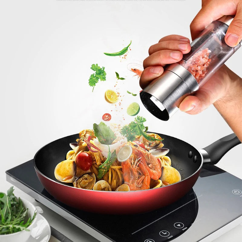 2-in-1 manual stainless steel salt and pepper grinder with adjustable ceramic core for precise spice grinding in the kitchen.
