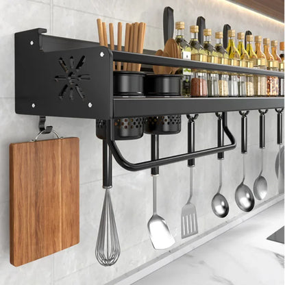 Kitchen wall-mounted knife and spice rack organizer with utensil and chopstick holders
