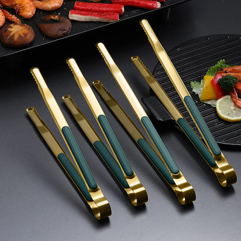 🍖 Gold Stainless Steel Food Tongs – Non-Slip BBQ Kitchen Tool 🍖