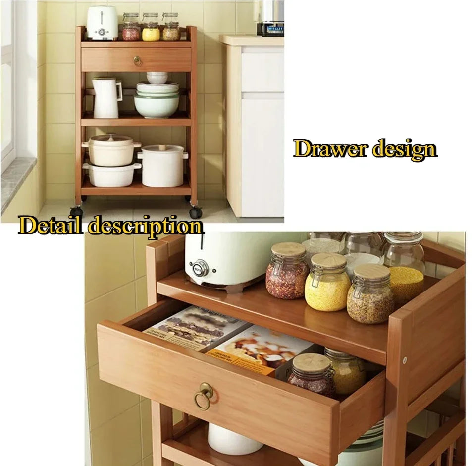 🪵 Wooden 3-Tier Storage Rack – Rolling Organizer for Kitchen & Living Room 🛋️🚚