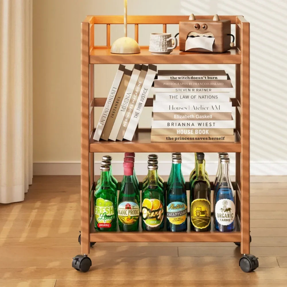 🪵 Wooden 3-Tier Storage Rack – Rolling Organizer for Kitchen & Living Room 🛋️🚚