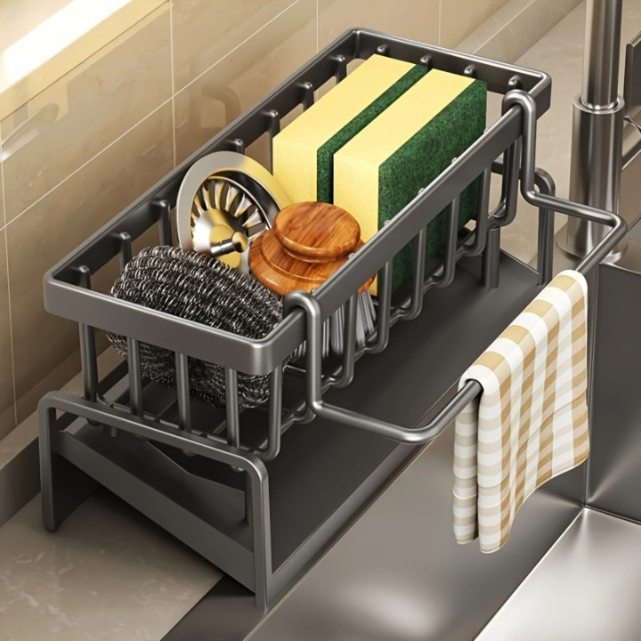 Sink caddy organizer with self-draining design for sponges, brushes, and kitchen tools
