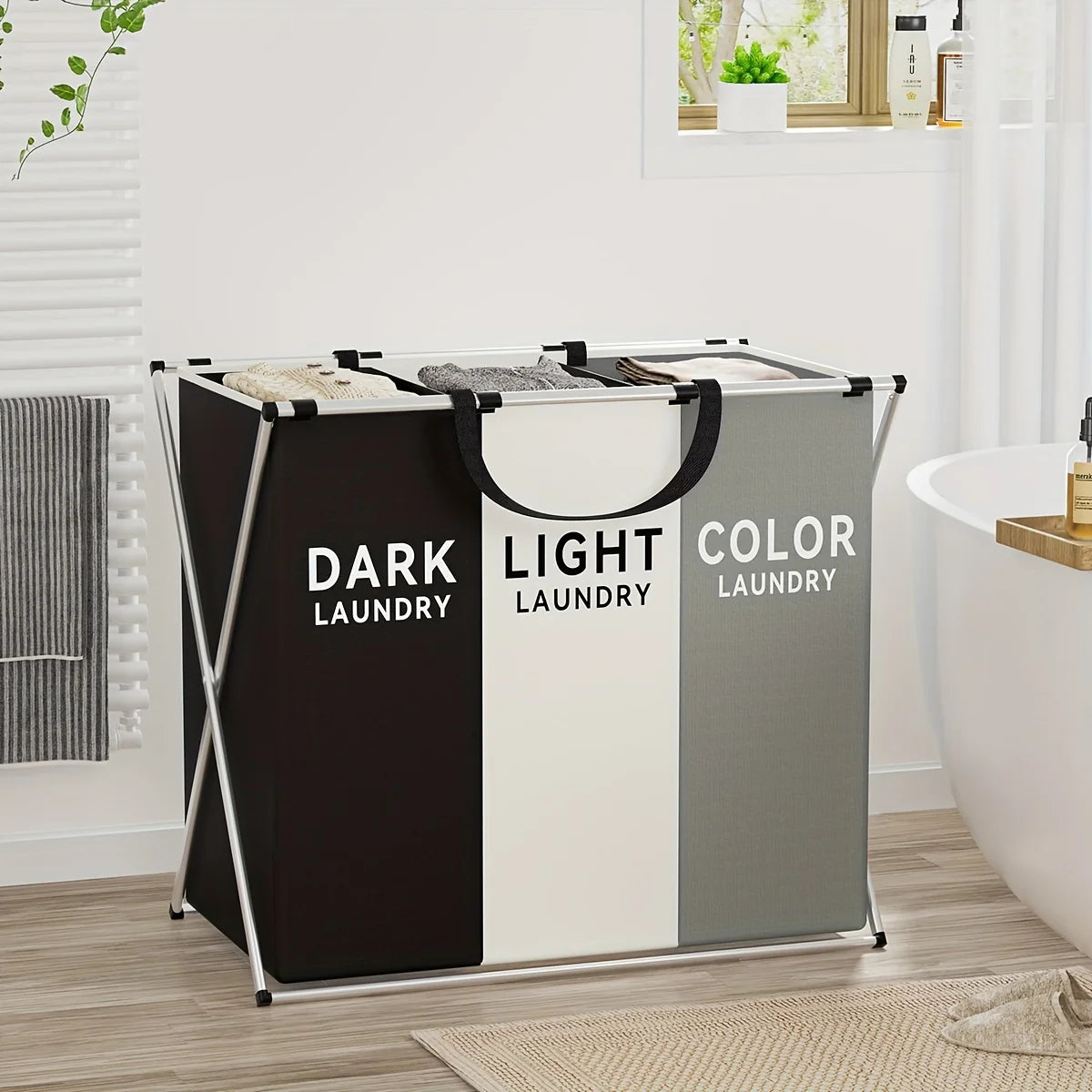3-grid foldable waterproof laundry basket clothes hamper with large storage
