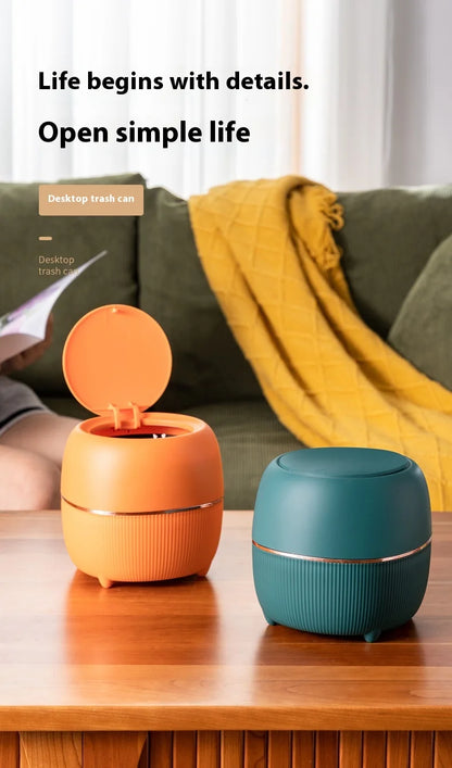 🗑️ Mini Desktop Trash Can – Pop-Up Lid Storage Bin for Coffee Tables & Office Desks ✨
