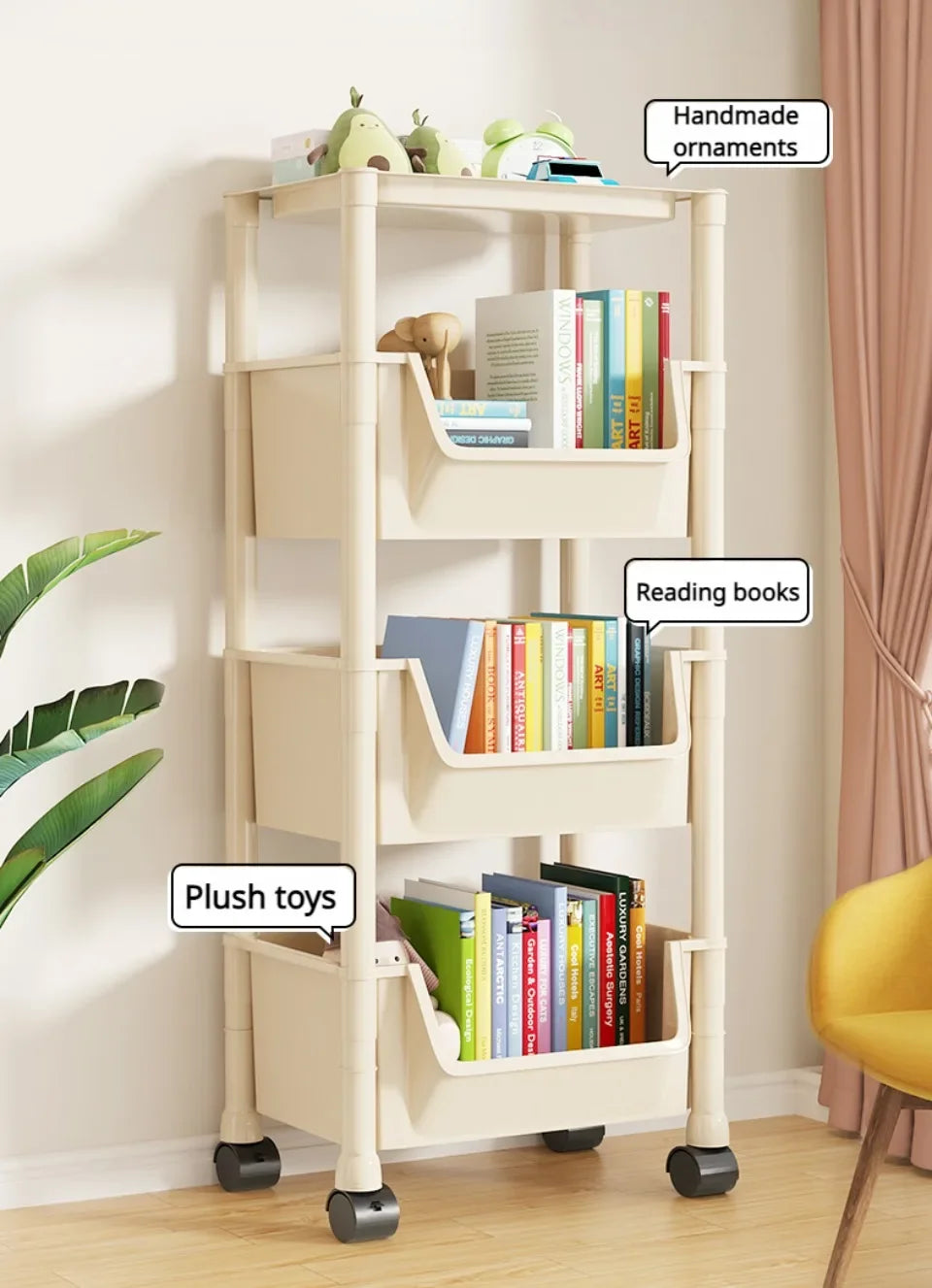 📚 5-Tier Rolling Bookshelf – Portable Corner Storage Rack with Wheels 🛋️🚚