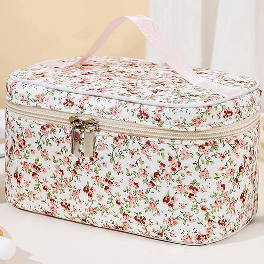 🌺 Floral Cotton Cosmetic Bag – Dual Zipper Travel Makeup Organizer Pouch