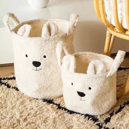 Cute bear canvas storage basket with soft lambswool, perfect for toys, laundry, and home organization.

