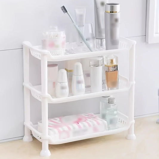 Multi-layer plastic vanity shelf organizer for bathroom toiletries and makeup, compact and durable