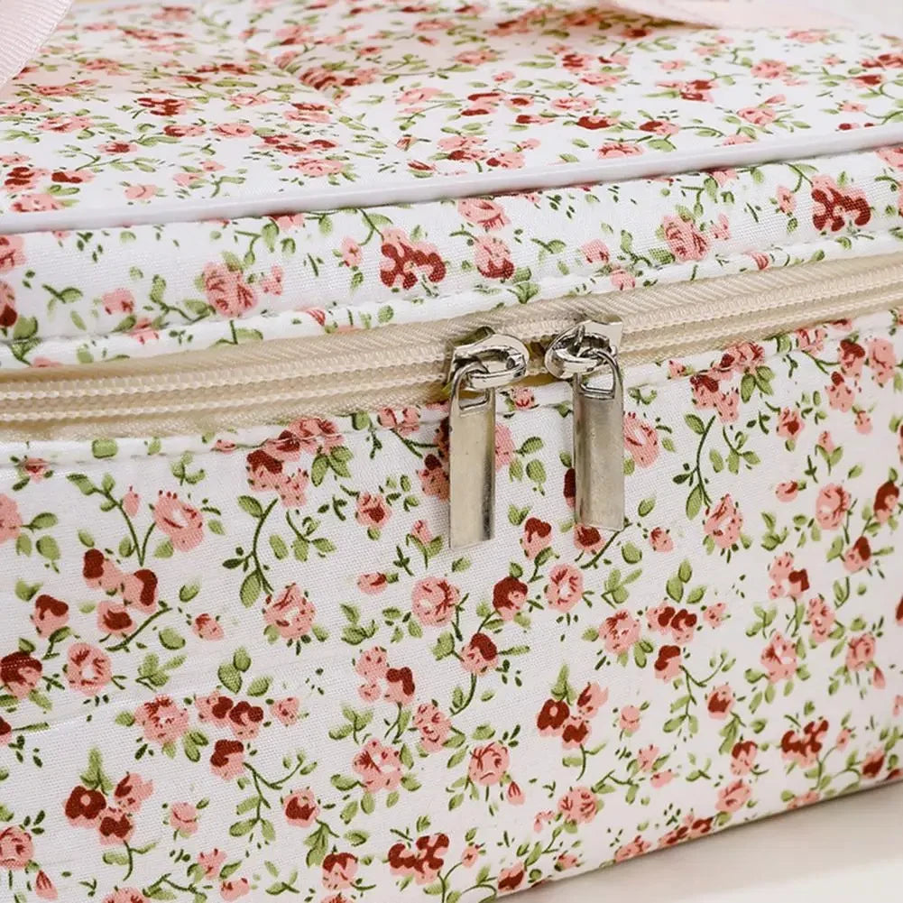 🌺 Floral Cotton Cosmetic Bag – Dual Zipper Travel Makeup Organizer Pouch