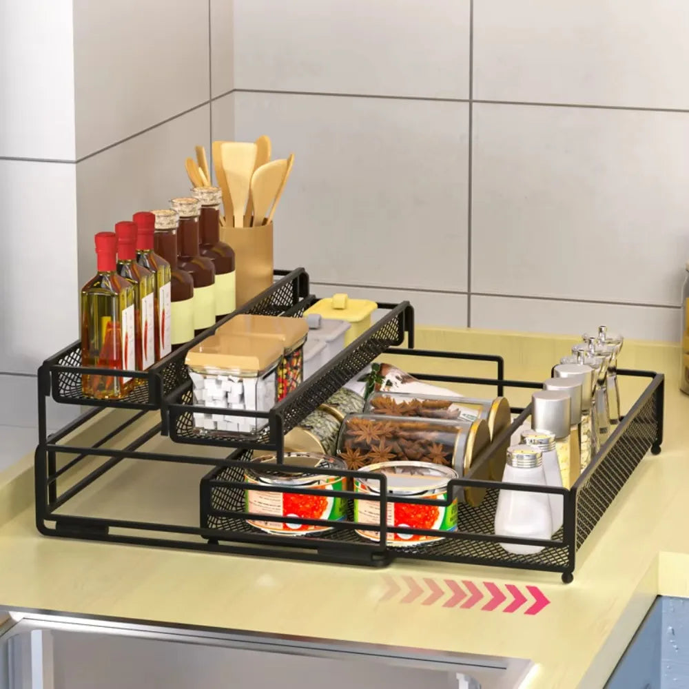 3-Tier Foldable Kitchen Storage Rack – Sleek Black Organizer