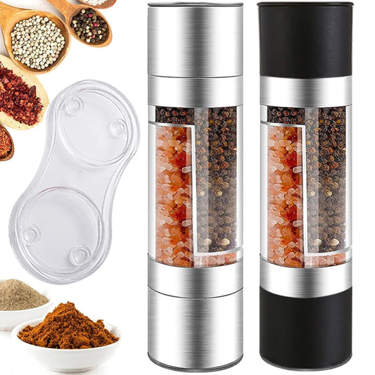 2-in-1 manual stainless steel salt and pepper grinder with adjustable ceramic core for precise spice grinding in the kitchen.
