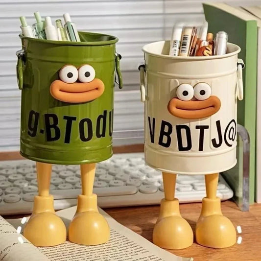 Cute cartoon pen holder with random letter stickers for organizing pens, pencils, and desk accessories at home or office.
