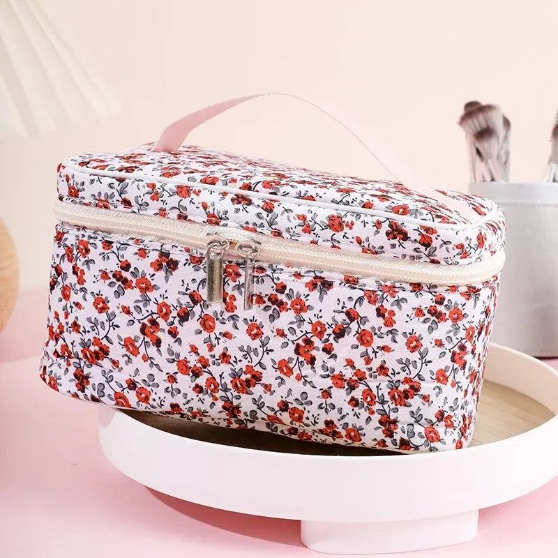 🌺 Floral Cotton Cosmetic Bag – Dual Zipper Travel Makeup Organizer Pouch