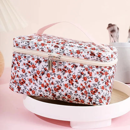 🌺 Floral Cotton Cosmetic Bag – Dual Zipper Travel Makeup Organizer Pouch