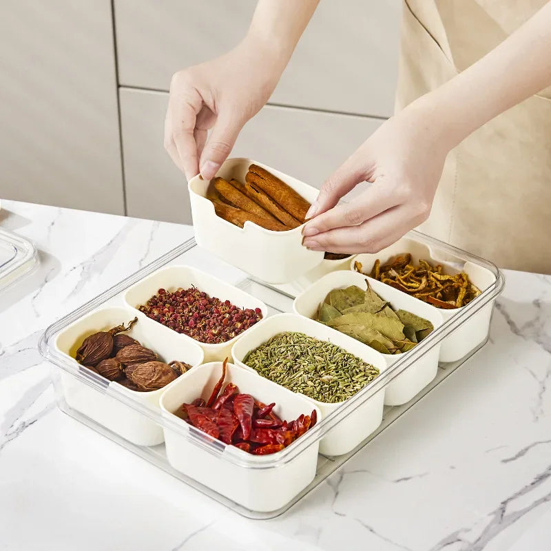 8-grid food storage box with lid, removable compartments, portable handle, food-safe plastic, for snacks, fruits, and meal prep organization.  
