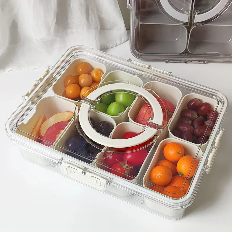 8-grid food storage box with lid, removable compartments, portable handle, food-safe plastic, for snacks, fruits, and meal prep organization.  
