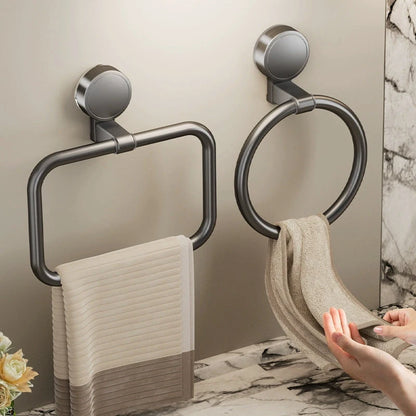 No-drill suction cup towel ring for bathroom or kitchen, made from aluminum alloy with strong hold.
