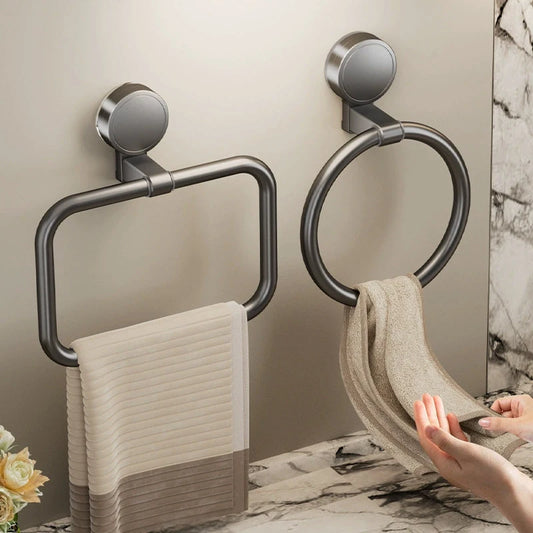 No-drill suction cup towel ring for bathroom or kitchen, made from aluminum alloy with strong hold.
