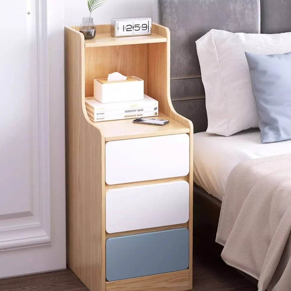 🛏️ Slim Wooden Bedside Table – 3-Drawer Modern Nightstand for Bedrooms 🌙