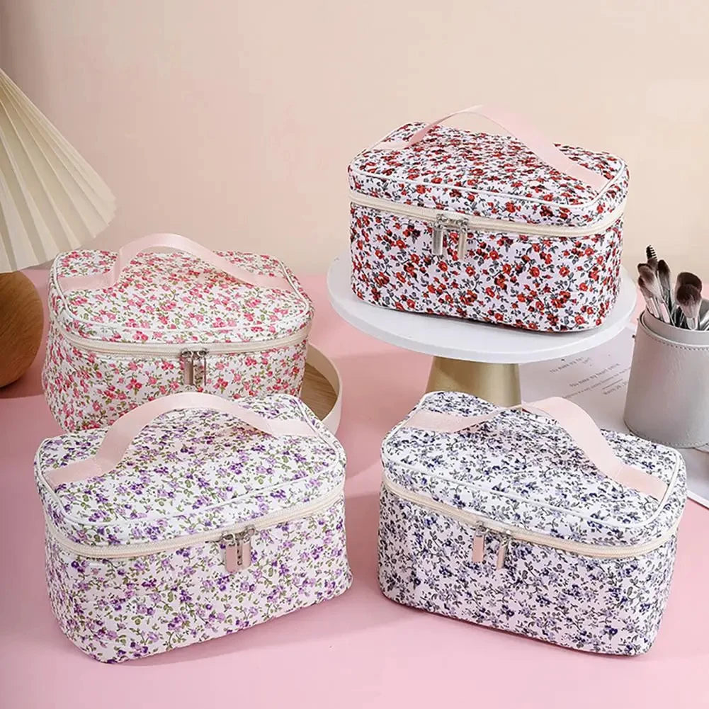 🌺 Floral Cotton Cosmetic Bag – Dual Zipper Travel Makeup Organizer Pouch
