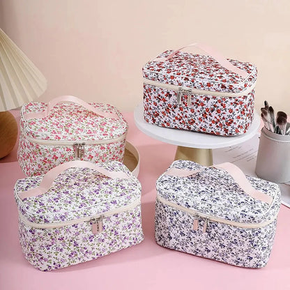 🌺 Floral Cotton Cosmetic Bag – Dual Zipper Travel Makeup Organizer Pouch