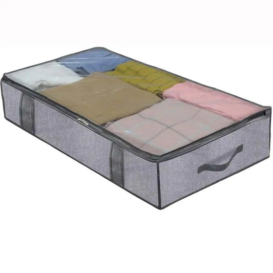 Foldable under bed storage bag with cover, fits quilts, bedding, clothes, toys, and features 4 reinforced handles.
