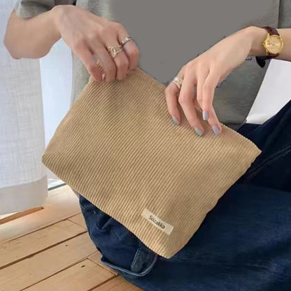 💼 Corduroy Cosmetic Travel Bag – Soft Zipper Makeup Pouch for Women (Large Capacity)