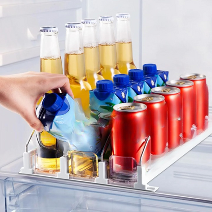 Self-sliding can dispenser for fridge storage, adjustable organizer for soda, beer, and juice
