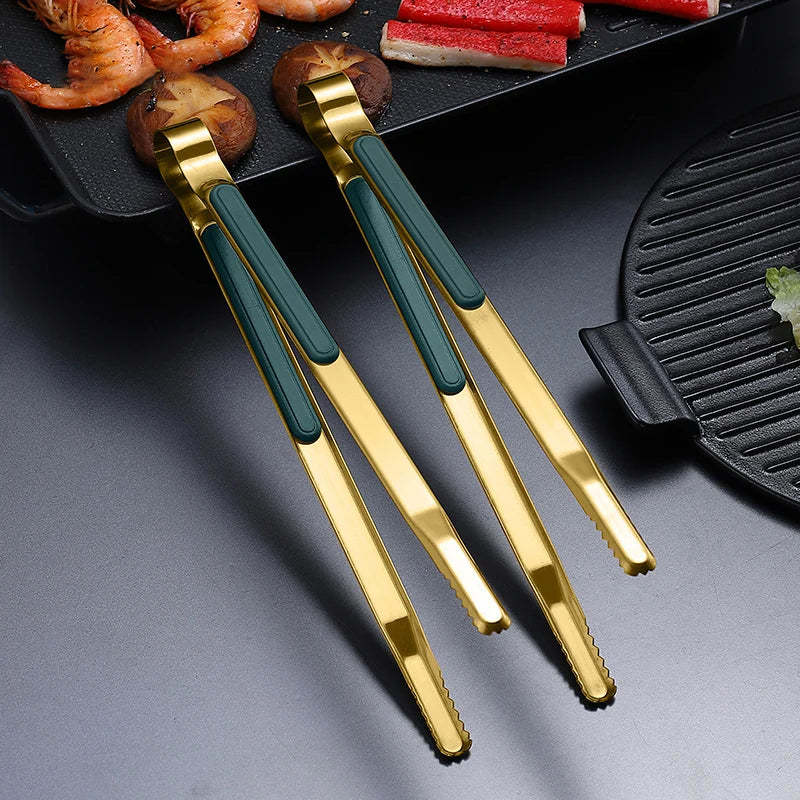 🍖 Gold Stainless Steel Food Tongs – Non-Slip BBQ Kitchen Tool 🍖