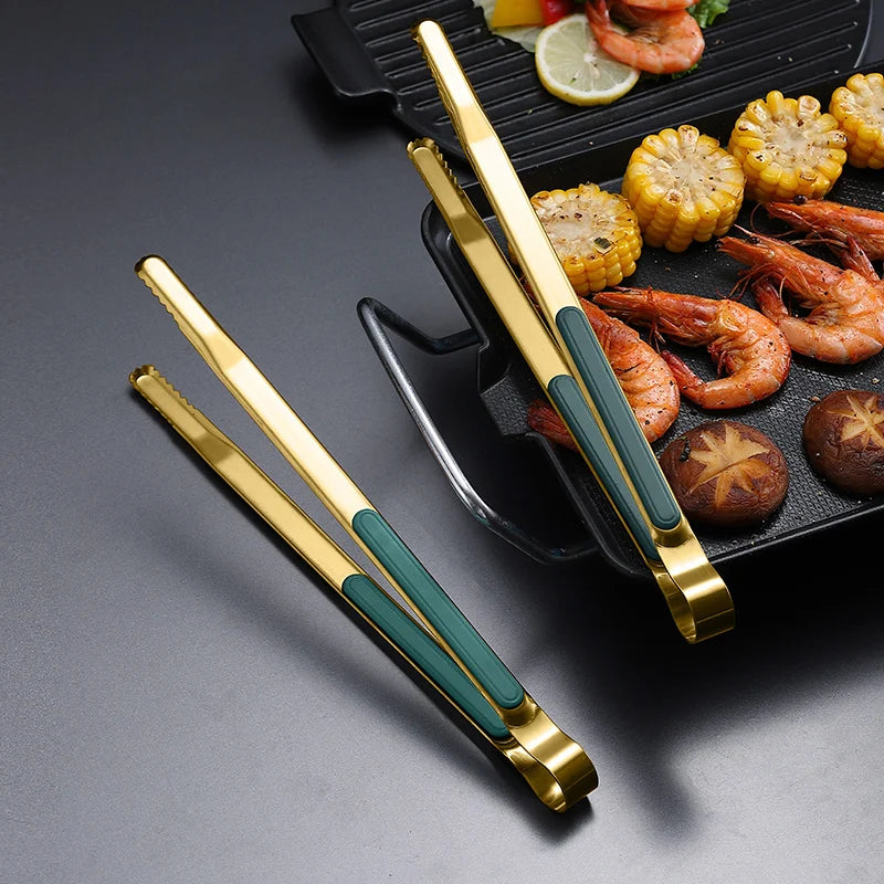 🍖 Gold Stainless Steel Food Tongs – Non-Slip BBQ Kitchen Tool 🍖