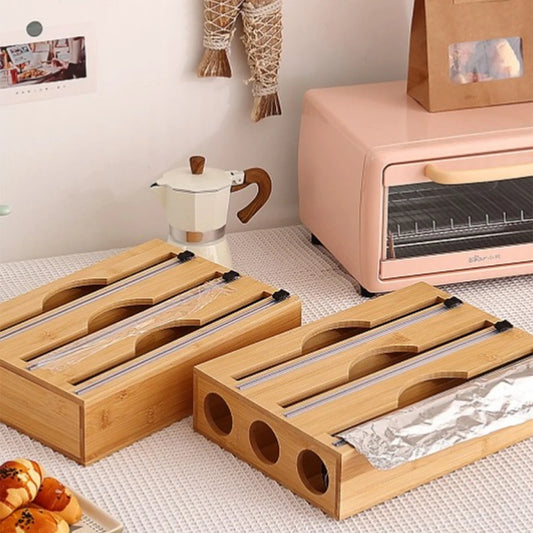 Bamboo kitchen wrap dispenser with foil cutter and bag holder