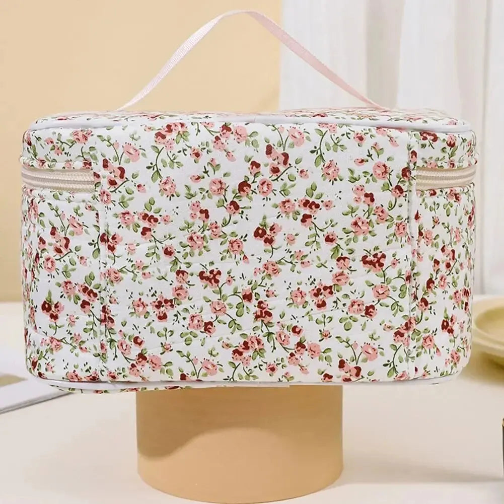 🌺 Floral Cotton Cosmetic Bag – Dual Zipper Travel Makeup Organizer Pouch